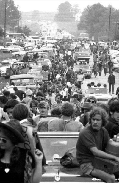 Cars stopped on the road at Woodstock