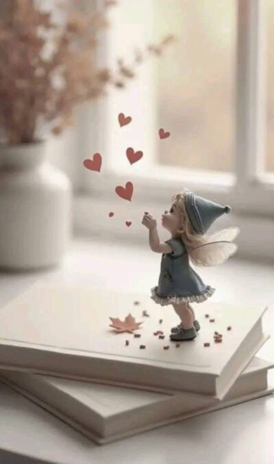 Fairy letting go with hearts floating in the air