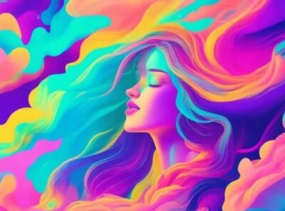 Woman in a cloud of colors