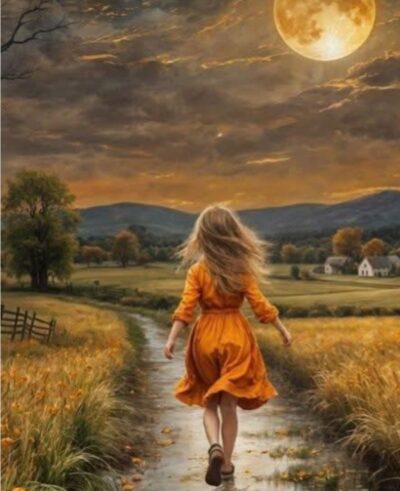 Young girl walking down a sunlit path